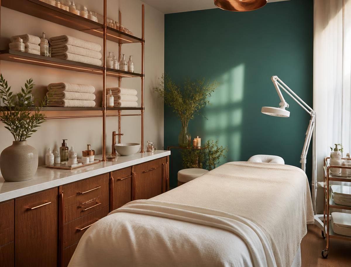 Treatment suite with copper shelving, teal accent wall and an esthetician bed