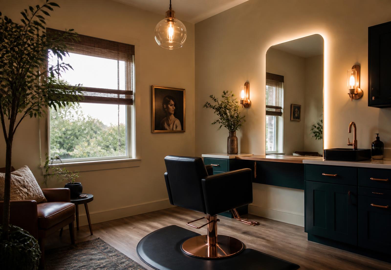 Private salon suite with a styling chair, lit mirror and deep teal cabinetry